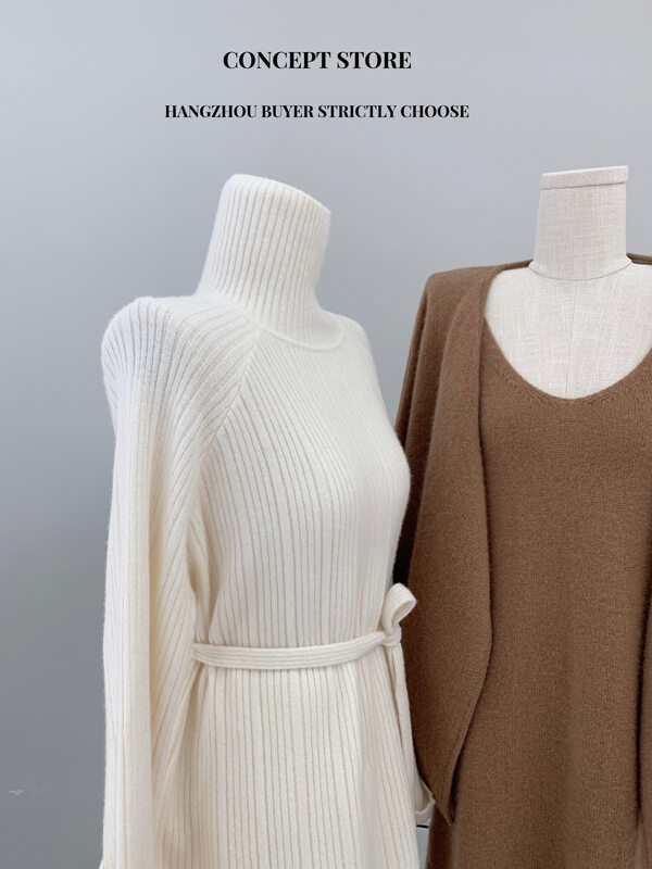 [Concept Store - Object Reverse] High-neck Versatile Solid Color Gentle Wind Warm Sweater (with Belt) (100% Wool Content) WYJQ-GMYFB22113# CHO