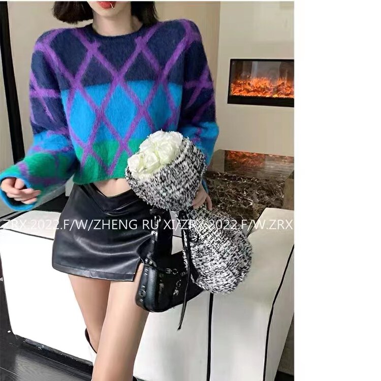 Autumn and winter new style! [Korean C home] Heavy craft diamond lattice contrast color warm sweater 22065# PCZ
