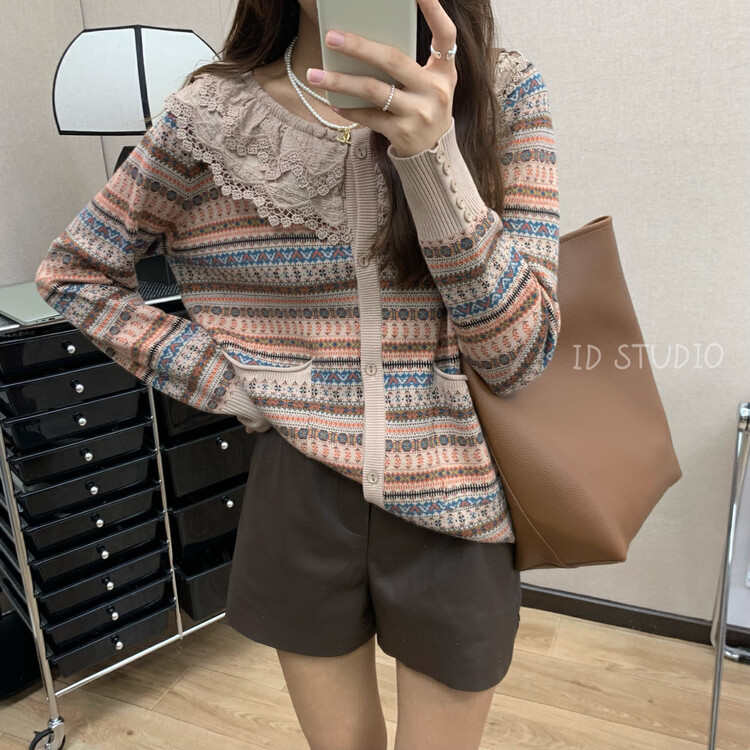 New in autumn!【I-D】Korean collar and lace warm sweater 3246# L