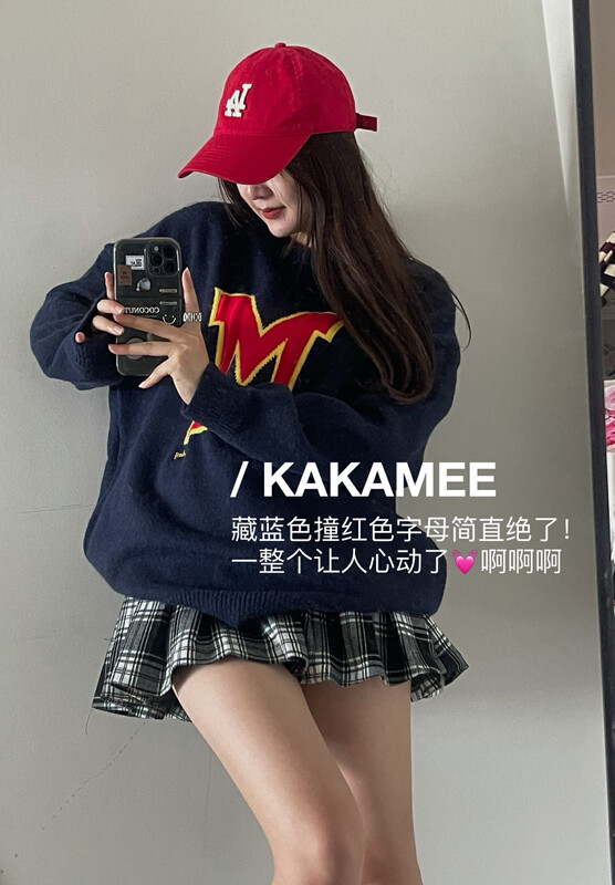 [KAKAMEE] American style M letter jacquard double woven pullover round neck sweater loose and casual all-match thin 1937