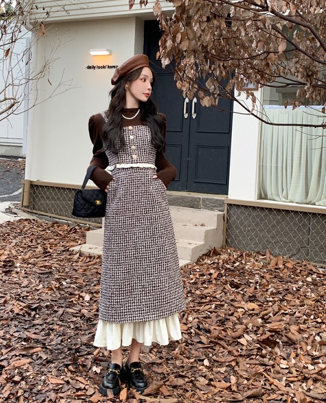 New for winter!  【MI2(N:AA)】All-match stand-up collar bottoming shirt + plaid vest + high waist slim and long half suit A3520# JJ