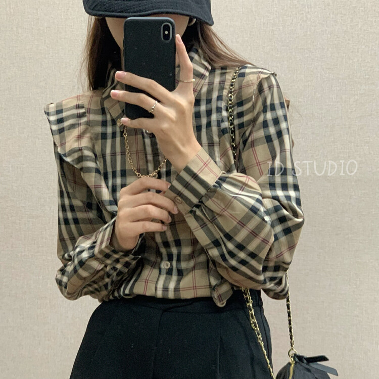 Original price 59.78! New for autumn! [I-D] Korean lace chain plaid shirt (with chain) Y8513# L