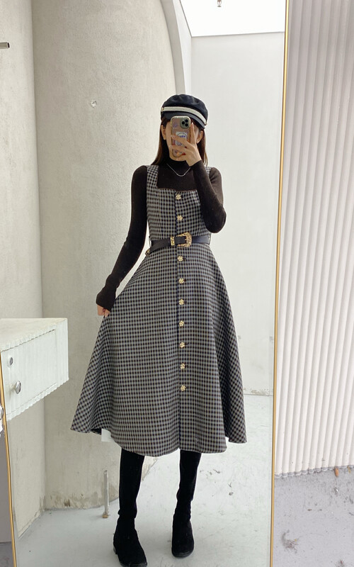 【MI2(N:AA)】Retro Plaid Skirt + Simple Versatile Knit Sweater Set (with Belt) E9494# JJ