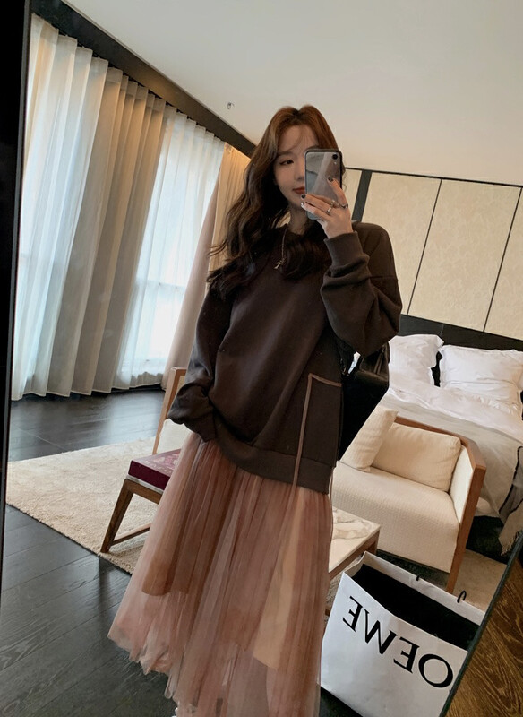 New for winter!  【SAVAGE】All-match round neck fleece sweater stitching tie-dye irregular mesh fake two-piece dress S1069# WPL