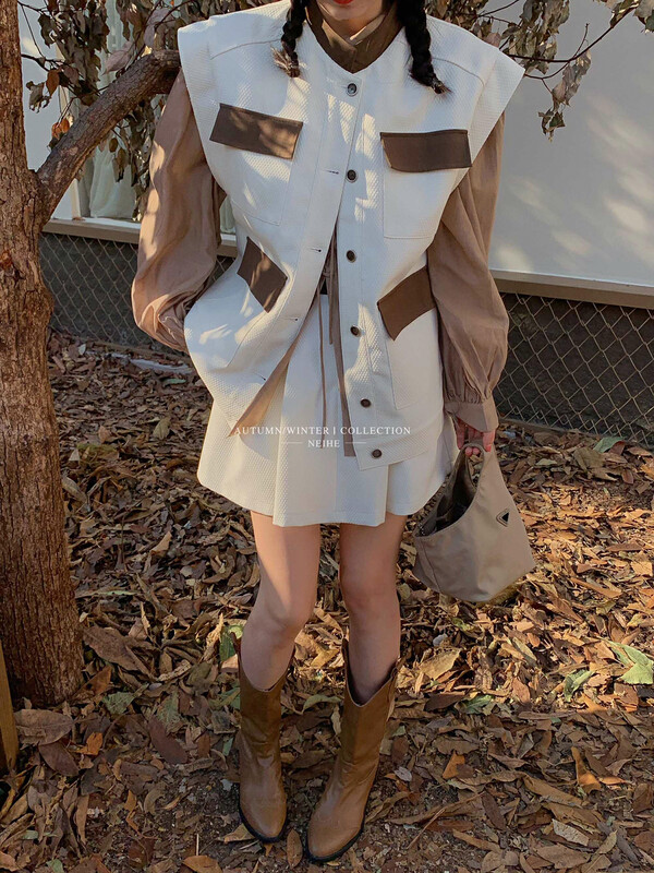 【NEIHE】A-line pleated contrast color pleated short skirt 6035