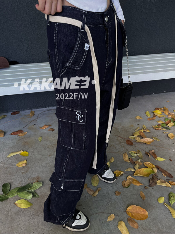Original price 98.99! [KAKAMEE] Autumn new product niche design embroidery process wash fabric wide-leg jeans (with waist rope) loose, casual and slim 0008