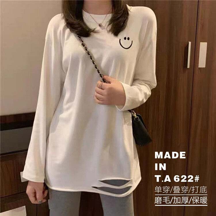 New in winter! [TA+] Simple and loose smiley printed long-sleeved T-shirt 622# L