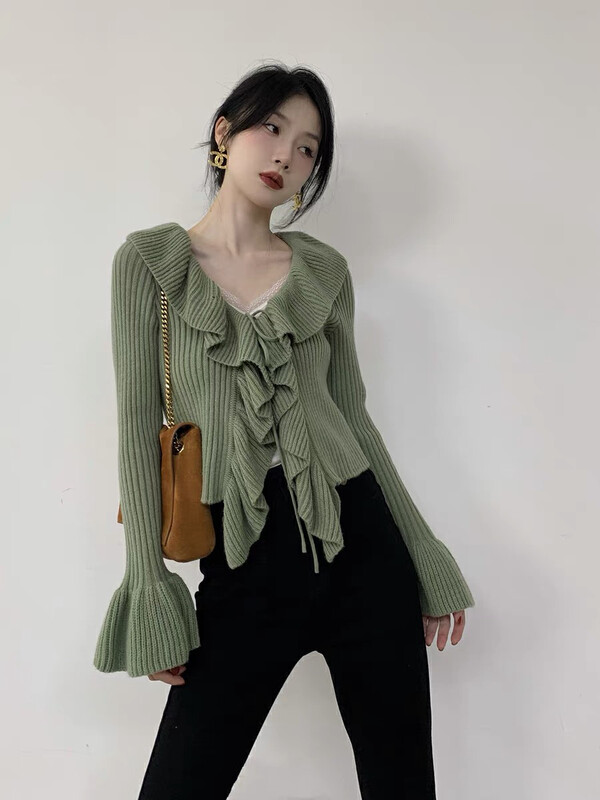 【SAVAGE】All-match solid color V-neck tie ruffle design loose and thick knitted cardigan S1162# WPL