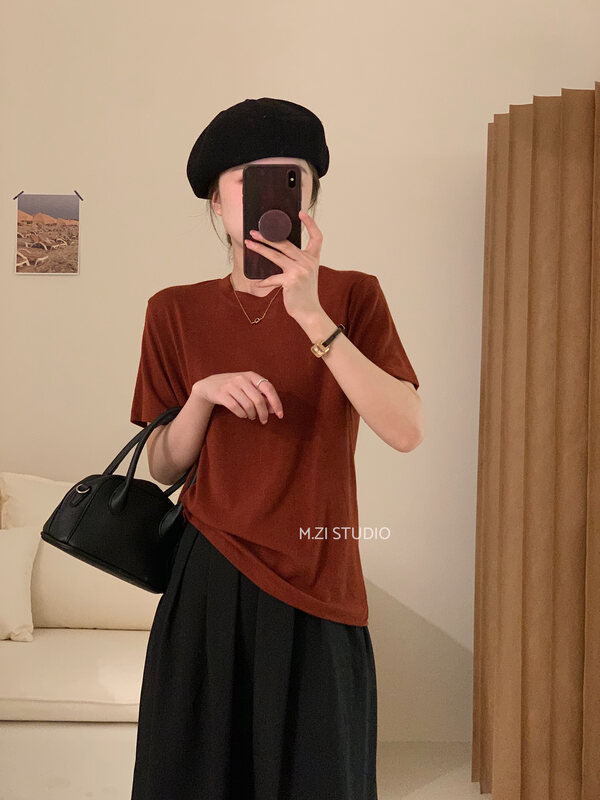 Original price 33.84! New in early autumn! [M.ZI STUDIO] Solid color comfortable and versatile short-sleeved T-shirt 3568# HBX