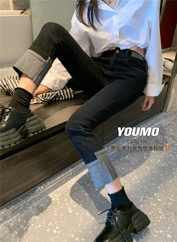 New in autumn! [Su Xinlan/YOUMO] Labeled simple wide-leg slimming jeans 13761# LSL