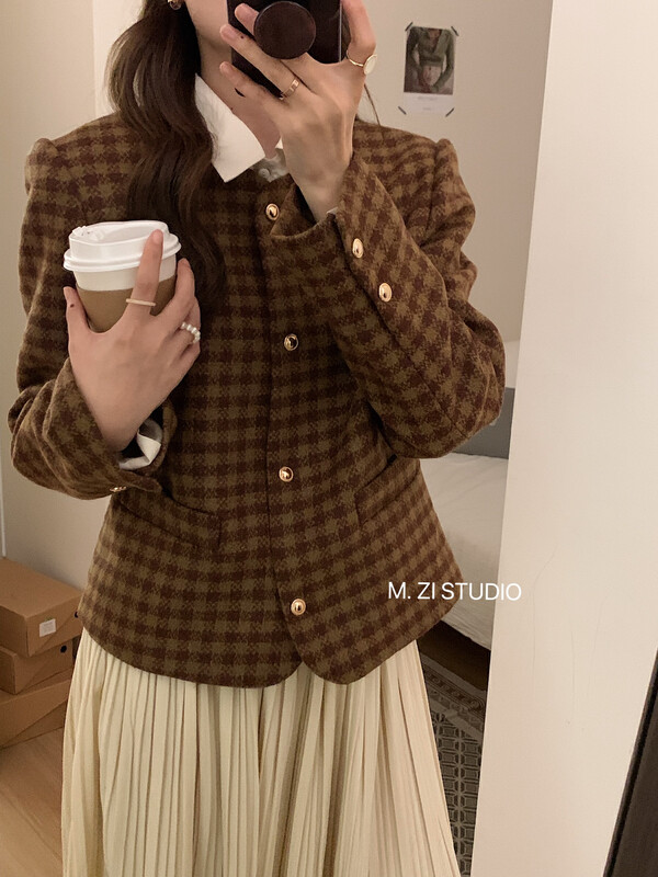 New in winter! [M.ZI STUDIO] Retro round neck plaid short jacket 12109# HBX