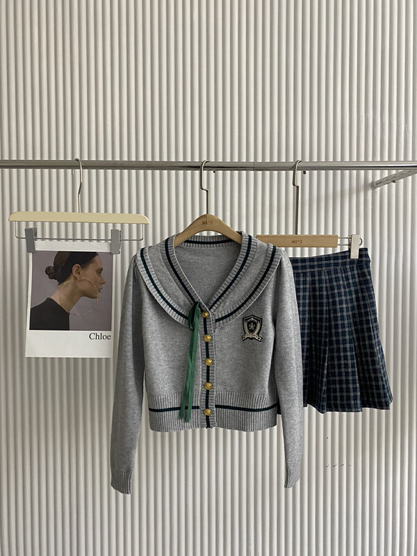 【MI2(N:AA)】Simple knitted sweater + slim plaid skirt two-piece suit E9513# JJ