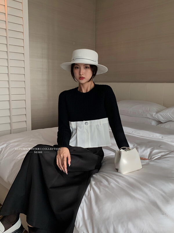 【NEIHE】Korean style casual knitted stitching top long-sleeved T-shirt 6069