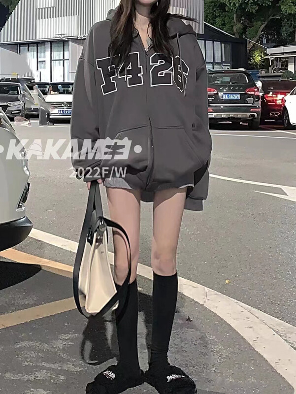[KAKAMEE] American retro three-dimensional F426 composite brushed hooded cardigan sweater short coat 5259