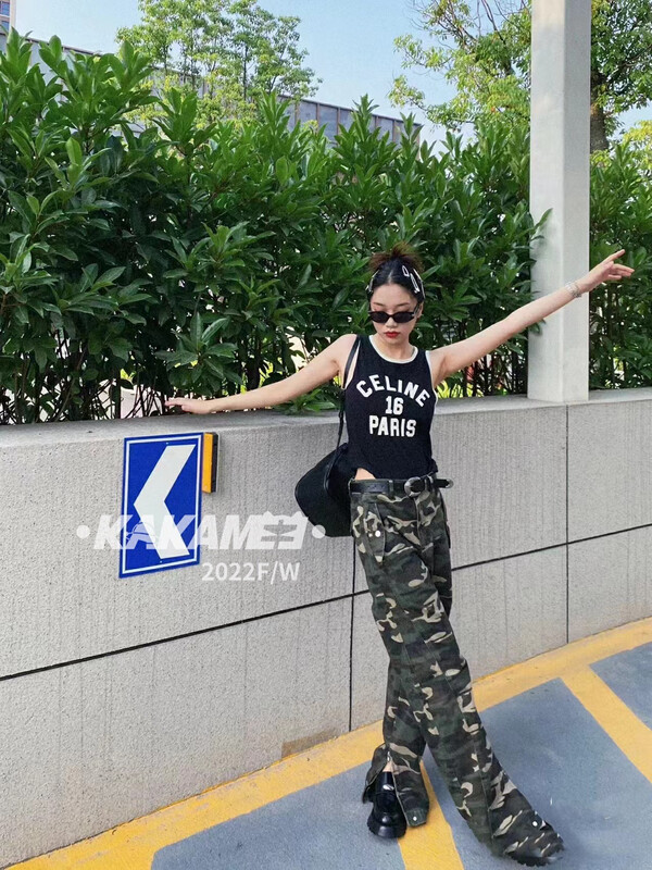 Original price 104.99! 【KAKAMEE】Early autumn loose straight slim fit slim pattern camouflage flared trousers women's jeans N0013