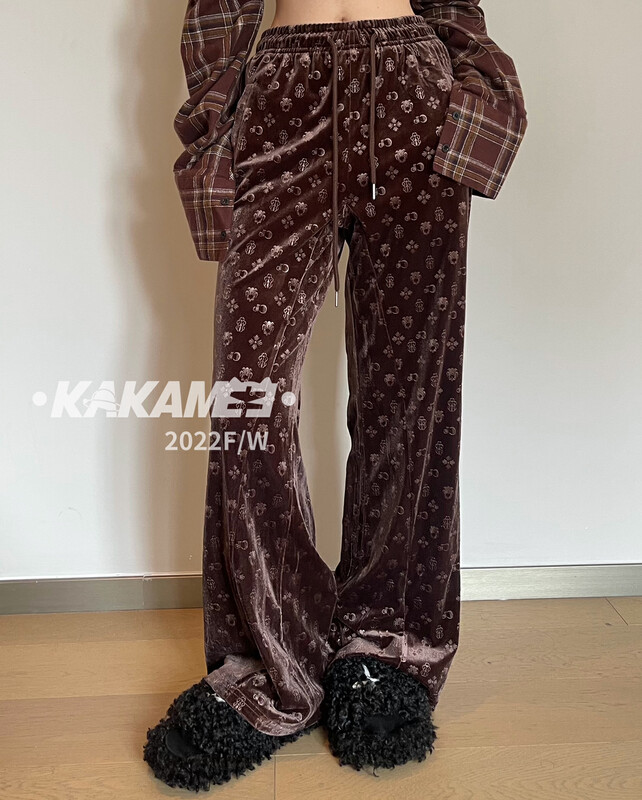 [KAKAMEE] Drawstring elastic waist dark pattern cross pattern national tide shows thin velvet casual casual pants N39