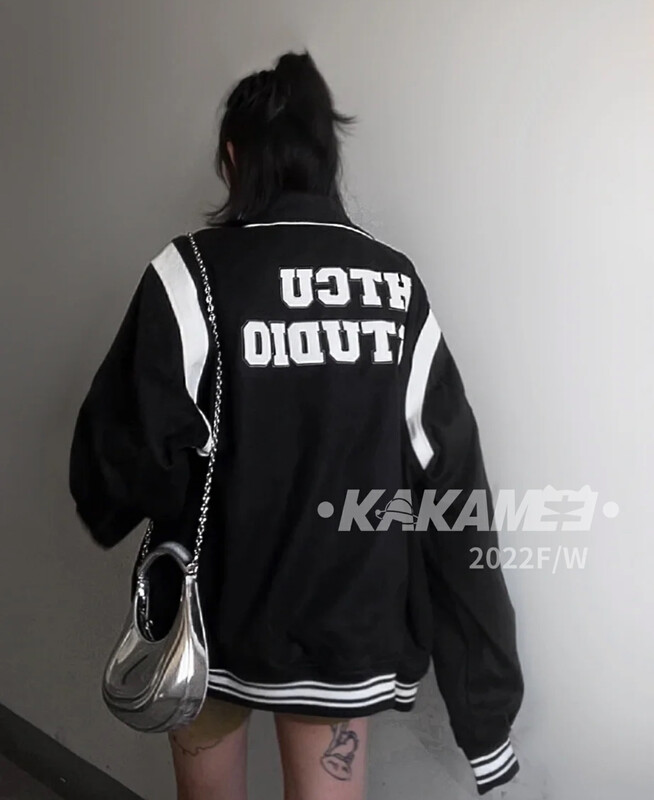 [KAKAMEE] Autumn new letter embroidery PU leather stitching suit collar jacket jacket loose casual S755