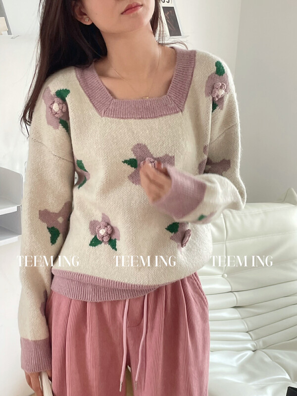 【TEEM ING】Square Collar Versatile Pullover Warm Sweater 22T670# HJY