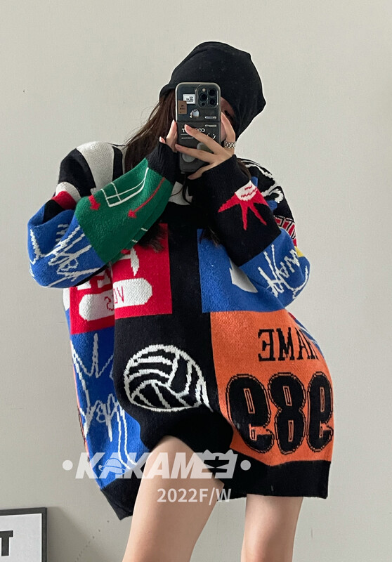 [KAKAMEE] American retro graffiti art creative loose thick sweater sweater 1935