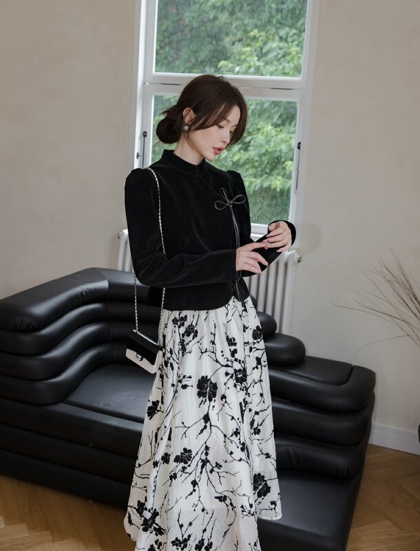 Autumn is new! [MI2 (N: AA)] stand-up collar shirt + printed mid-length skirt two-piece suit B6488# JJ