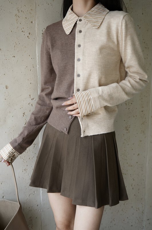 【NEIHE】Contrast color long-sleeved knitted cardigan with detachable collar shirt 88117# JHY