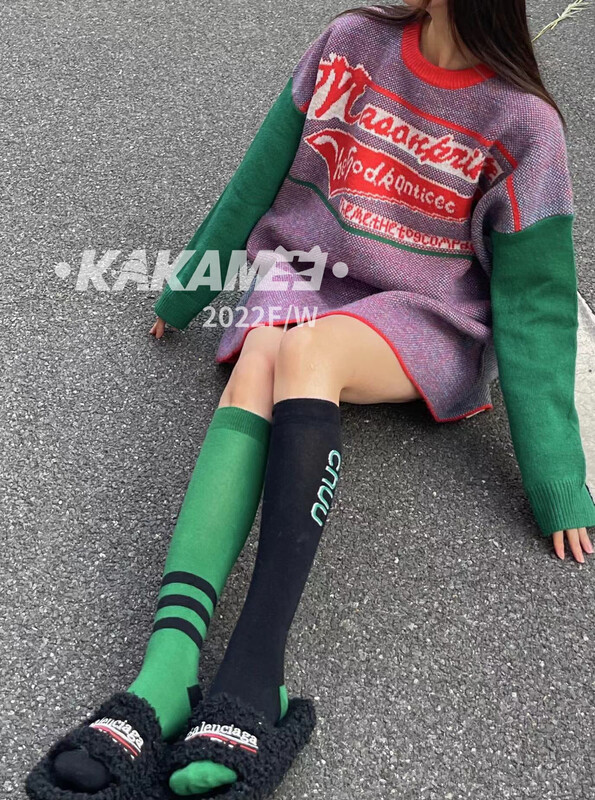 [KAKAMEE] High-quality arctic velvet retro American color-block letter large sweater sweater 1839