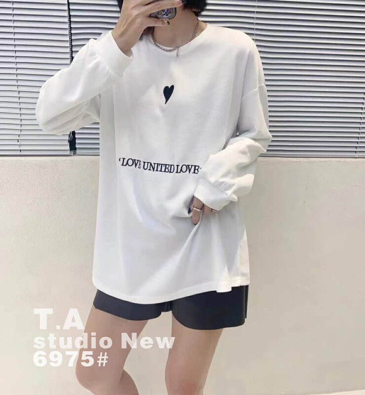 New in autumn! [TA+] round neck all-match casual embroidered long-sleeved T-shirt 6975# L