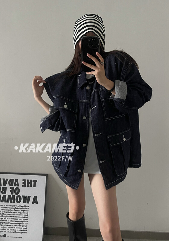 [KAKAMEE] American retro dark blue design loose denim jacket street denim jacket trendy ins jacket top autumn N3238