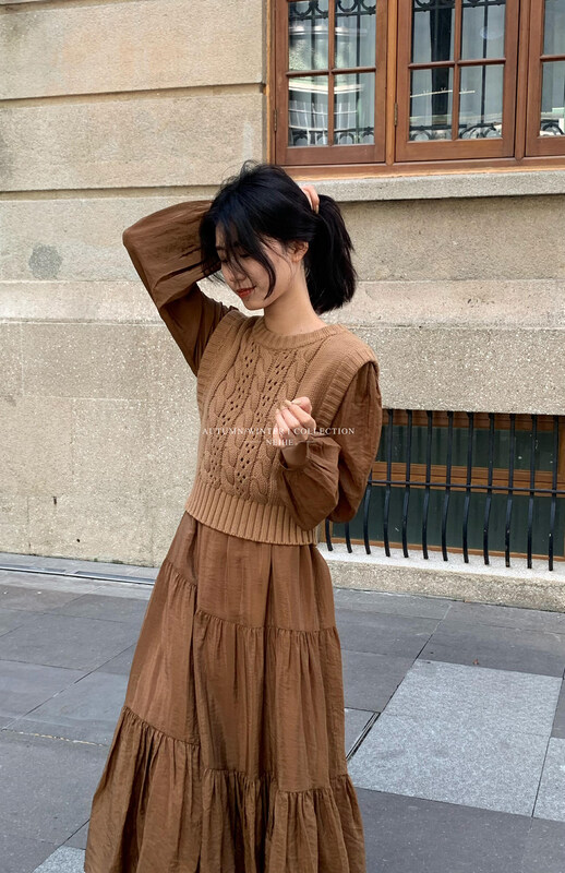 【NEIHE】Waist Long Sleeve Dress + Knitted Vest Vest Dress 6171# JHY