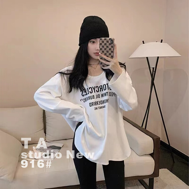 New in early autumn! [TA+] White loose large neckline casual bottoming long-sleeved T-shirt 9166# XYY
