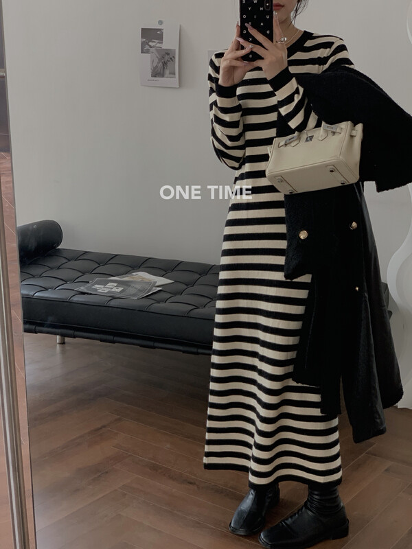 Autumn is new!【ONE TIME】Round neck striped loose slim dress OT7660# JHY