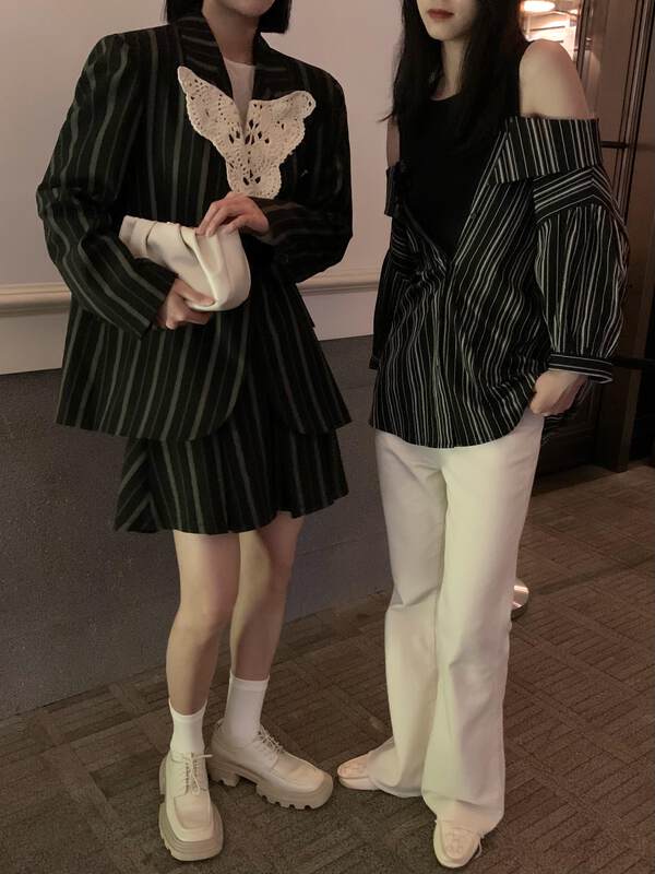 【NEIHE】Striped short three-point pleated A-line skirt 6083# JHY