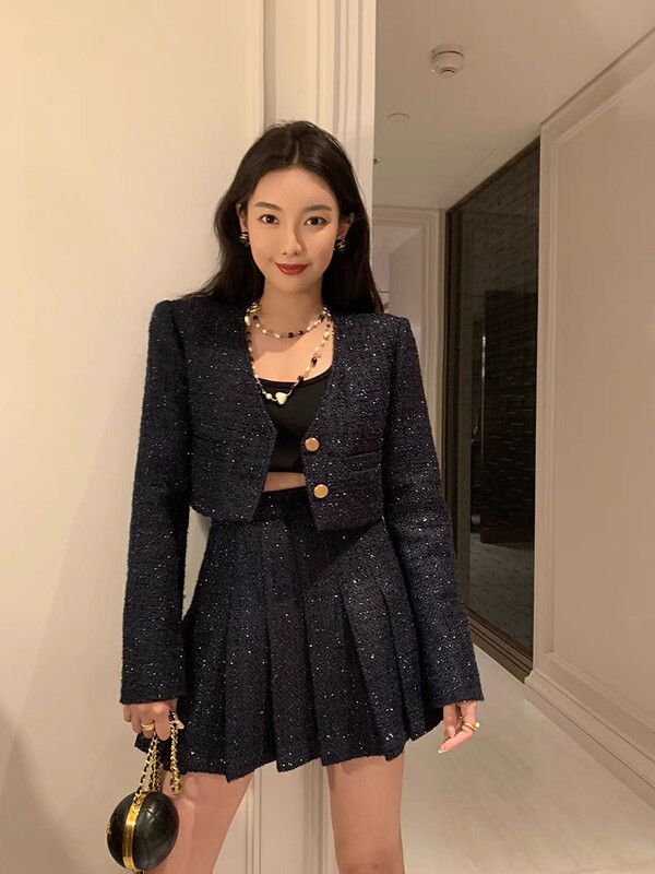 【SAVAGE】Korean V-Neck Short Jacket + High Waist Pleated Skirt Set (with Lace) S1165# WPL