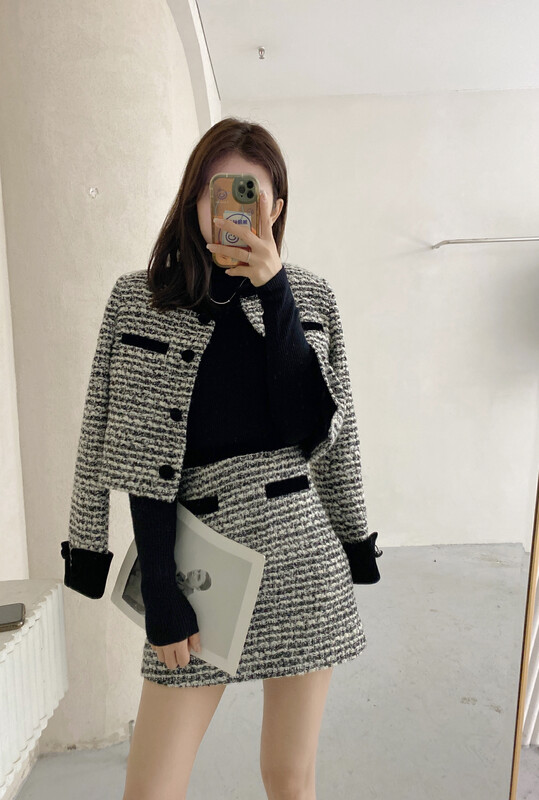 【MI2(N:AA)】Xiaoxiangfeng Contrast Color Short Jacket + High Waist Skirt Two Piece Suit B6527# JJ