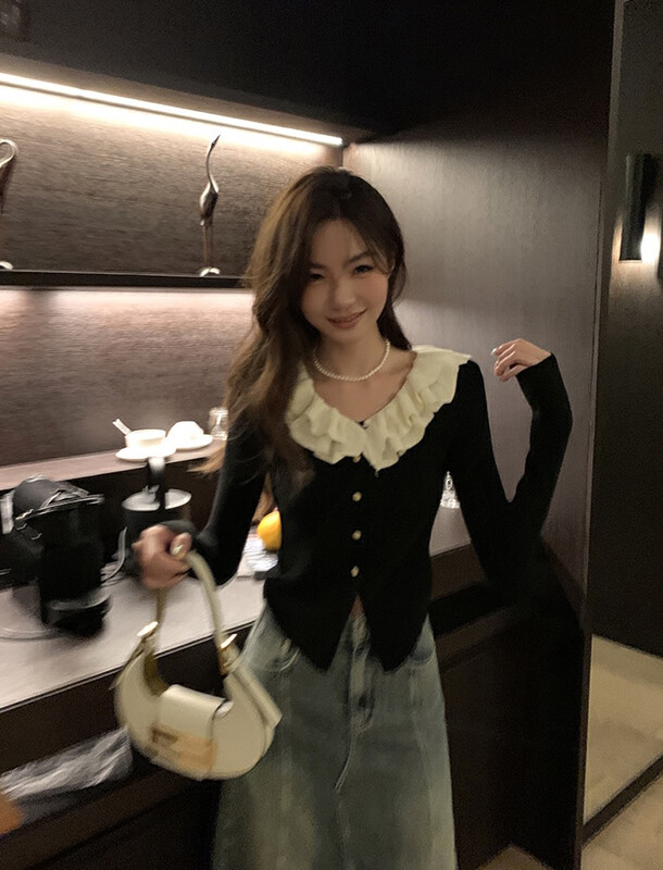 New in autumn!【SAVAGE】French stitching contrast color lotus leaf slim fit sweater E9992# WPL