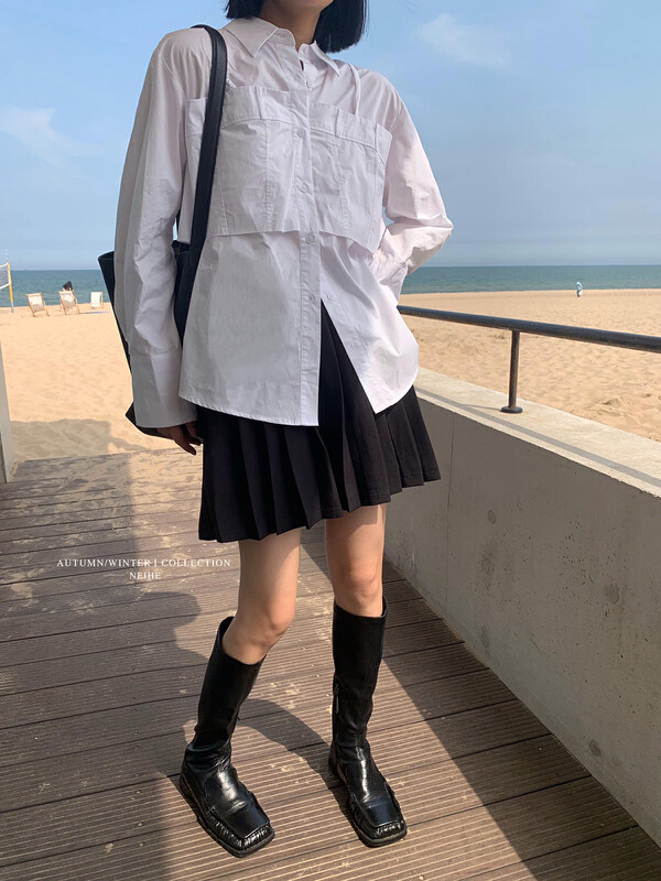 【NEIHE】High Waist Korean Style Casual Pleated Shorts Denim Shorts 6011