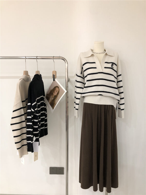 [Concept Store-Reverse] Korean Simple Striped Polo Collar Warm Sweater (including 100% Cashmere) 9-6033# MX