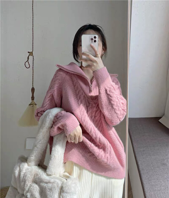 【F·P】Pink Half Zip Turtleneck Western Style Versatile Knitted Warm Sweater A0304FP# HBX