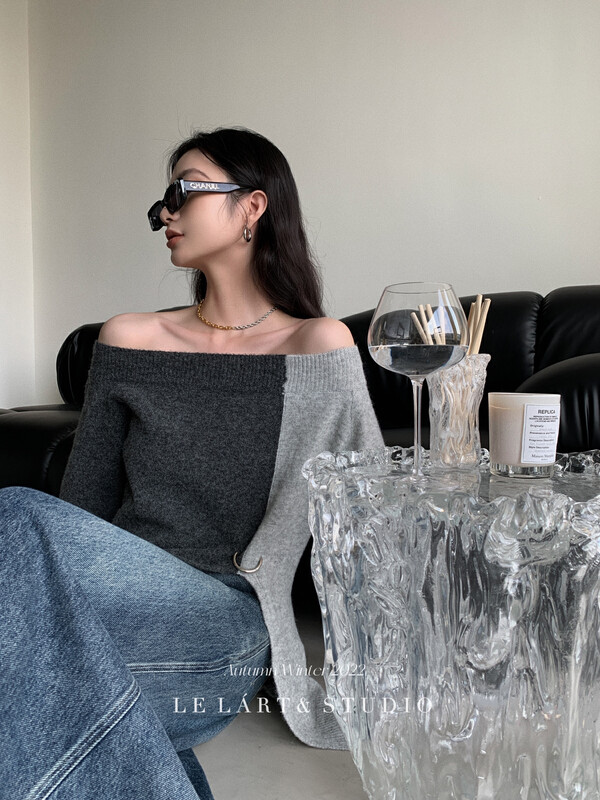 【LE LART】French design sweet and spicy style off-the-shoulder loose pullover sweater warm sweater XZ343# JHY