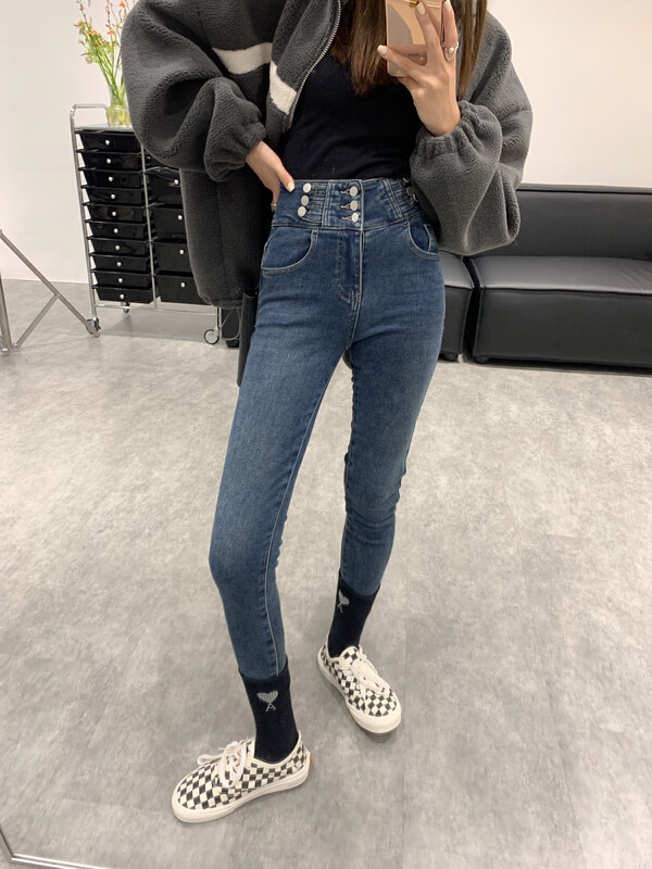 【VANESSA】Heavy Industry Button High Waist Fleece Jeans 8070# OZQ