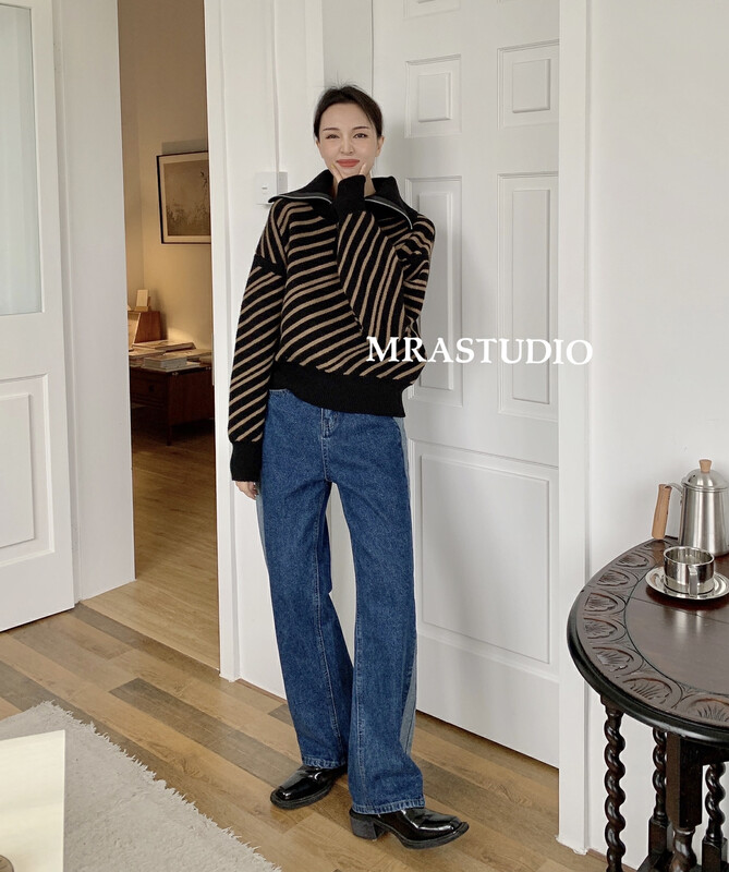 Original price 89.11! [MRA] Niche design slim high waist stitching jeans M1787