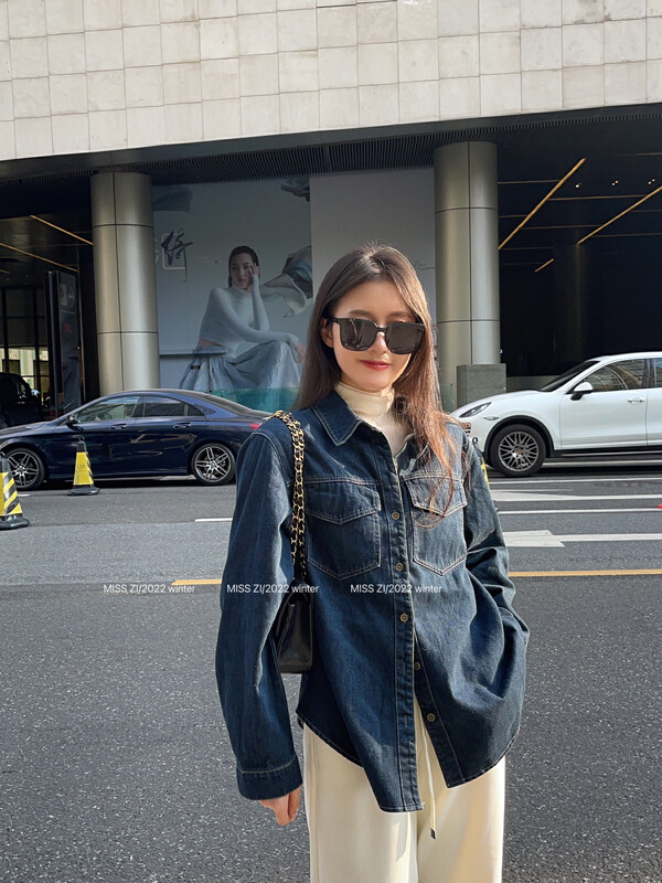 [MISS ZI] Commuter all-match washable denim shirt (with belt) winter fleece 3365