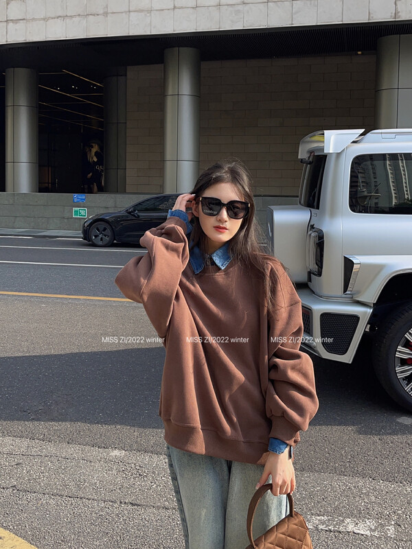【MISS ZI】Fashionable denim collar fake two-piece sweater (composite fleece) 3376# CQW
