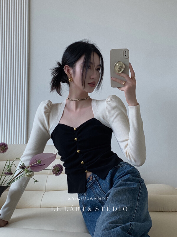 【LE LART】French Hepburn Contrast Color Puff Sleeve Gold Button Knit Sweater TH090# JHY