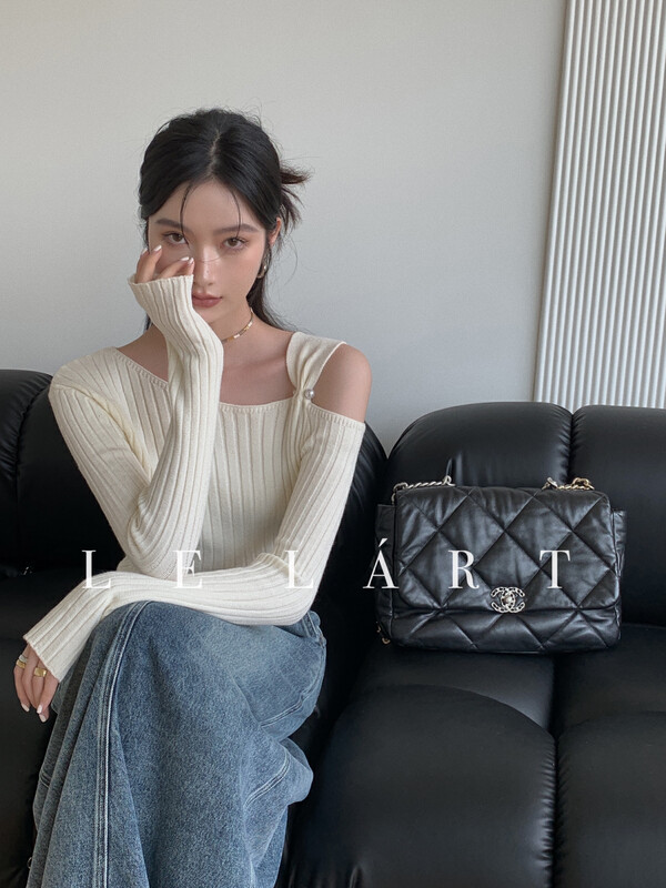 【LE LART】French design off-the-shoulder pearl-decorated pullover sweater knitted sweater XZ321# JHY
