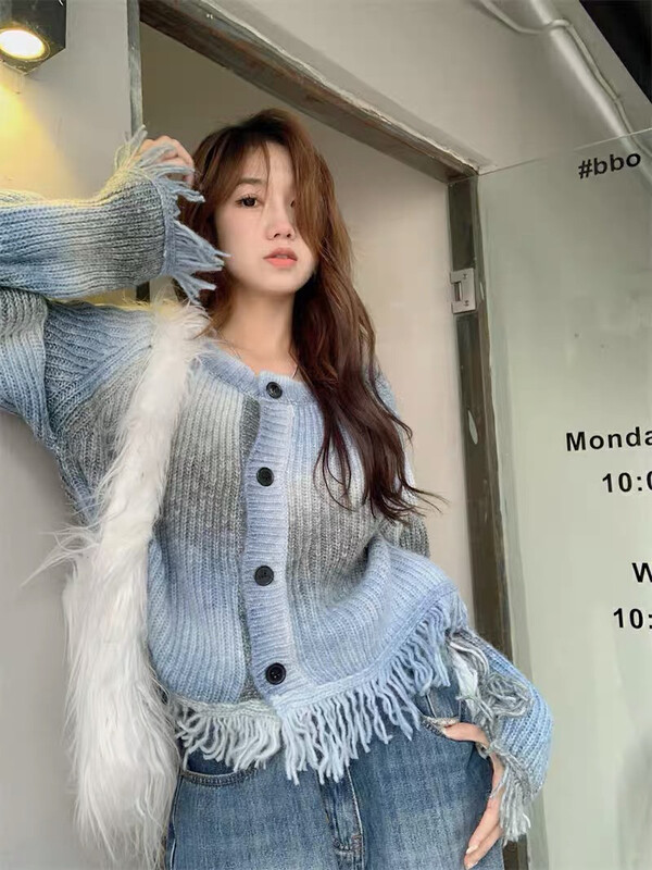 [Blue Show] Design-inspired smudged fringed knitted cardigan 7846# LSW