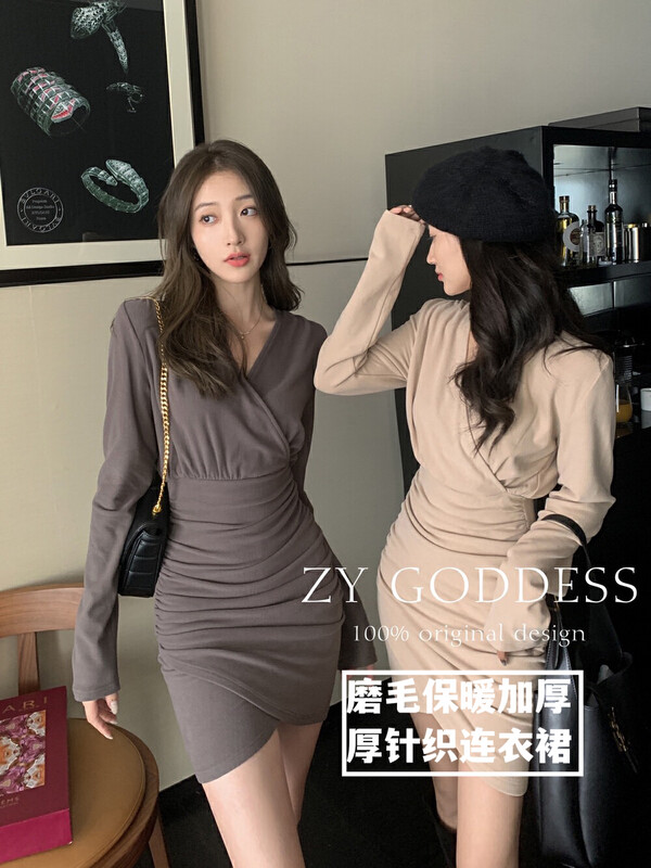 [ZY] Yujie's light and familiar style cross V-neck waist and slim pleated hip dress (brushed plus velvet to keep warm) 18307
