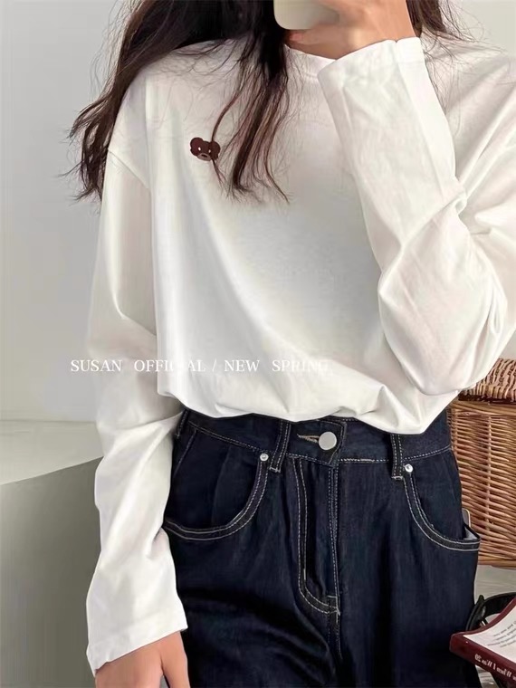 [SUSAN] Round neck bear embroidery brushed long-sleeved T-shirt YS1-5296-2# LSW