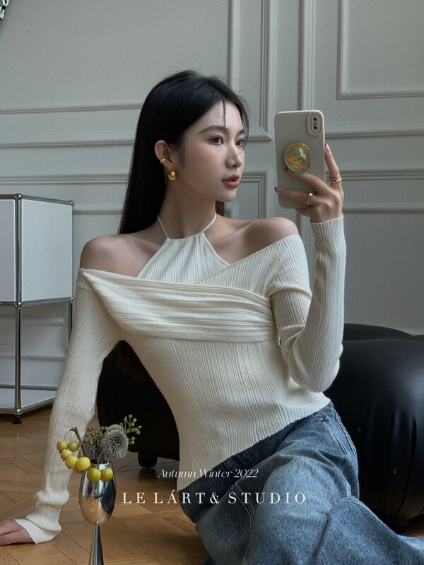 【LE LART】French pure desire style halter vest off-shoulder knitted sweater two-piece suit TH093# JHY