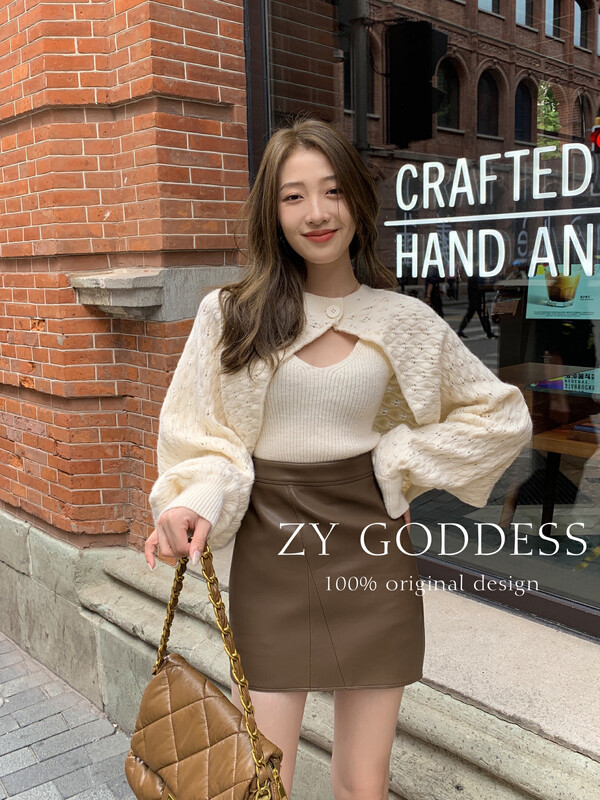 [ZY] Korean lantern sleeve design wool sweater vest two-piece suit (multiple ways to wear thick version to keep warm) Z07-1